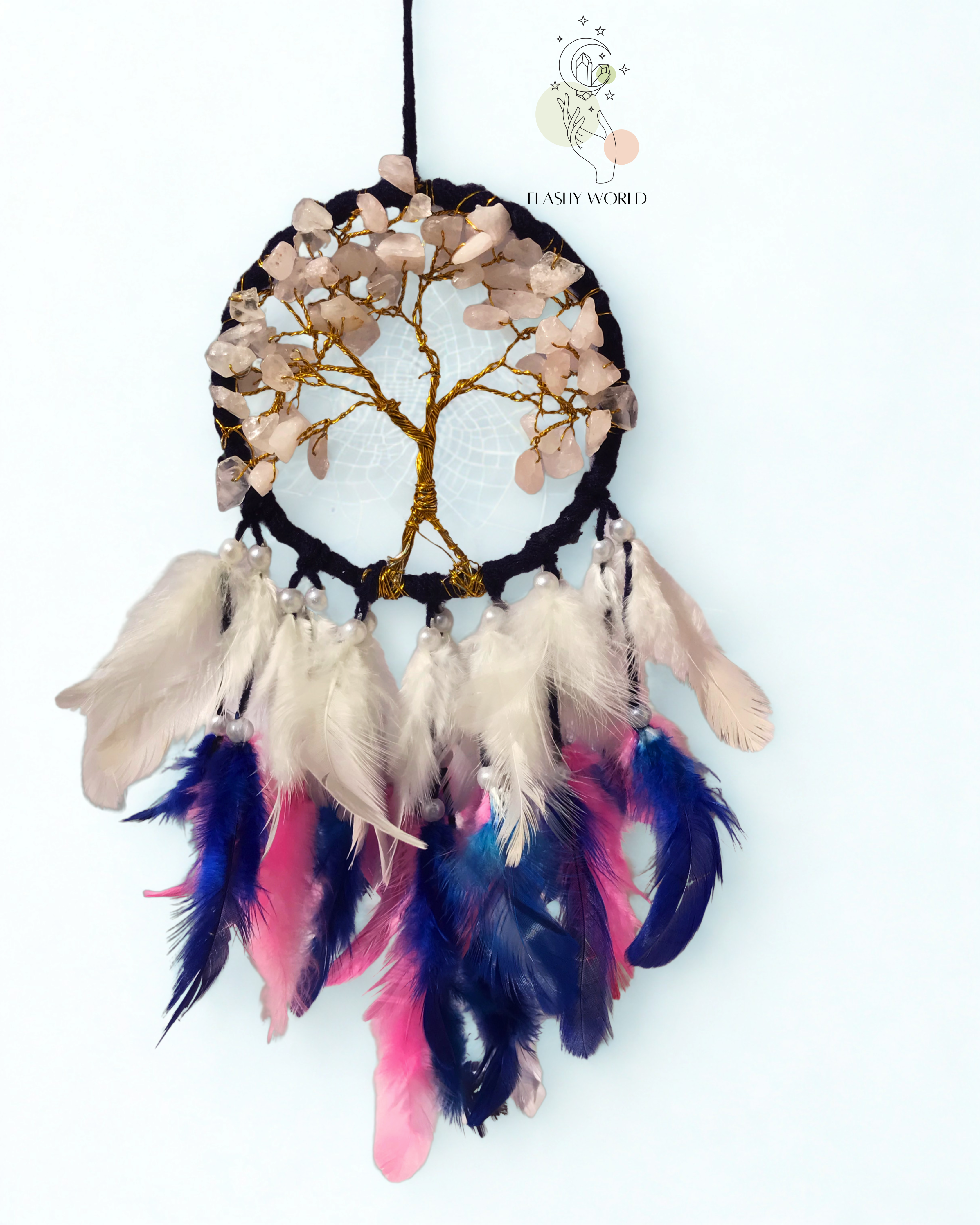 Mini Rose Quartz Tree of Life Dreamcatcher for Car Hanging – Pink Blue White Feather & Natural Crystal Charm for Love, Peace & Gifting