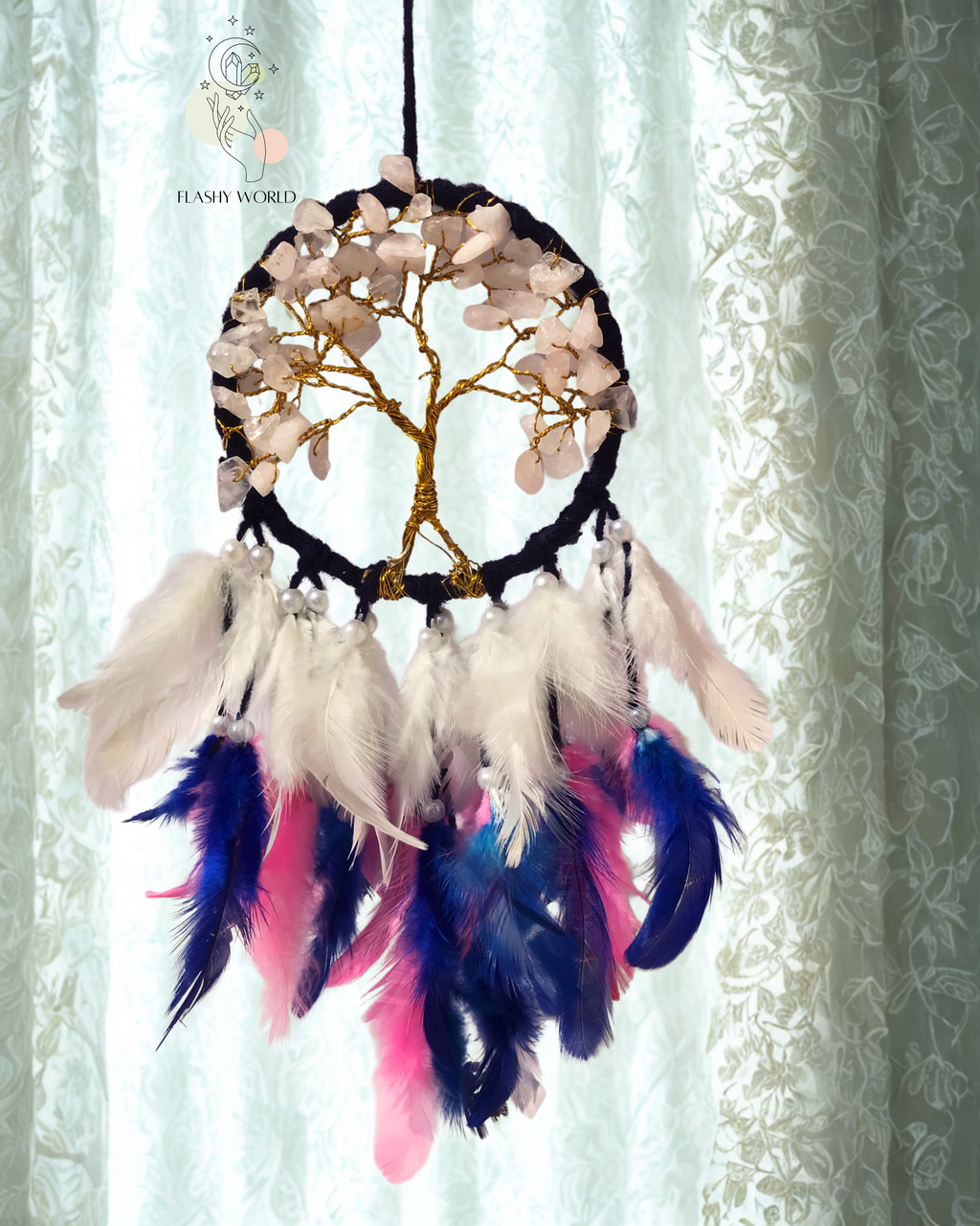 Mini Rose Quartz Tree of Life Dreamcatcher for Car Hanging – Pink Blue White Feather & Natural Crystal Charm for Love, Peace & Gifting