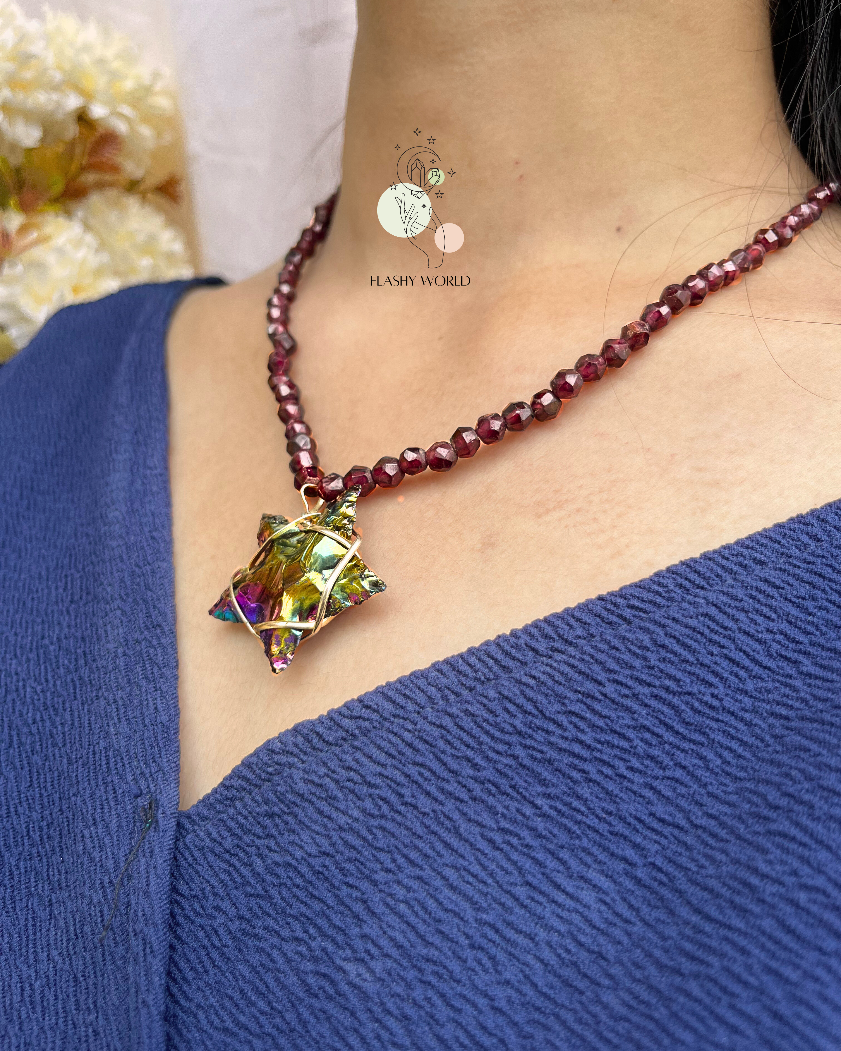 Garnet Beaded Necklace with Aura Star Pendant | Handmade Crystal Choker Necklace for Women