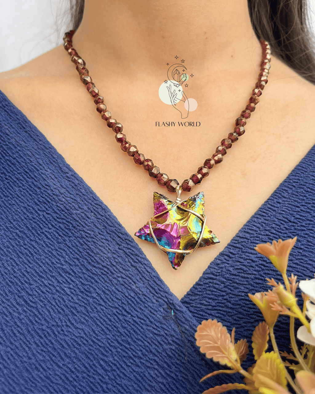 Garnet Beaded Necklace with Aura Star Pendant | Handmade Crystal Choker Necklace for Women