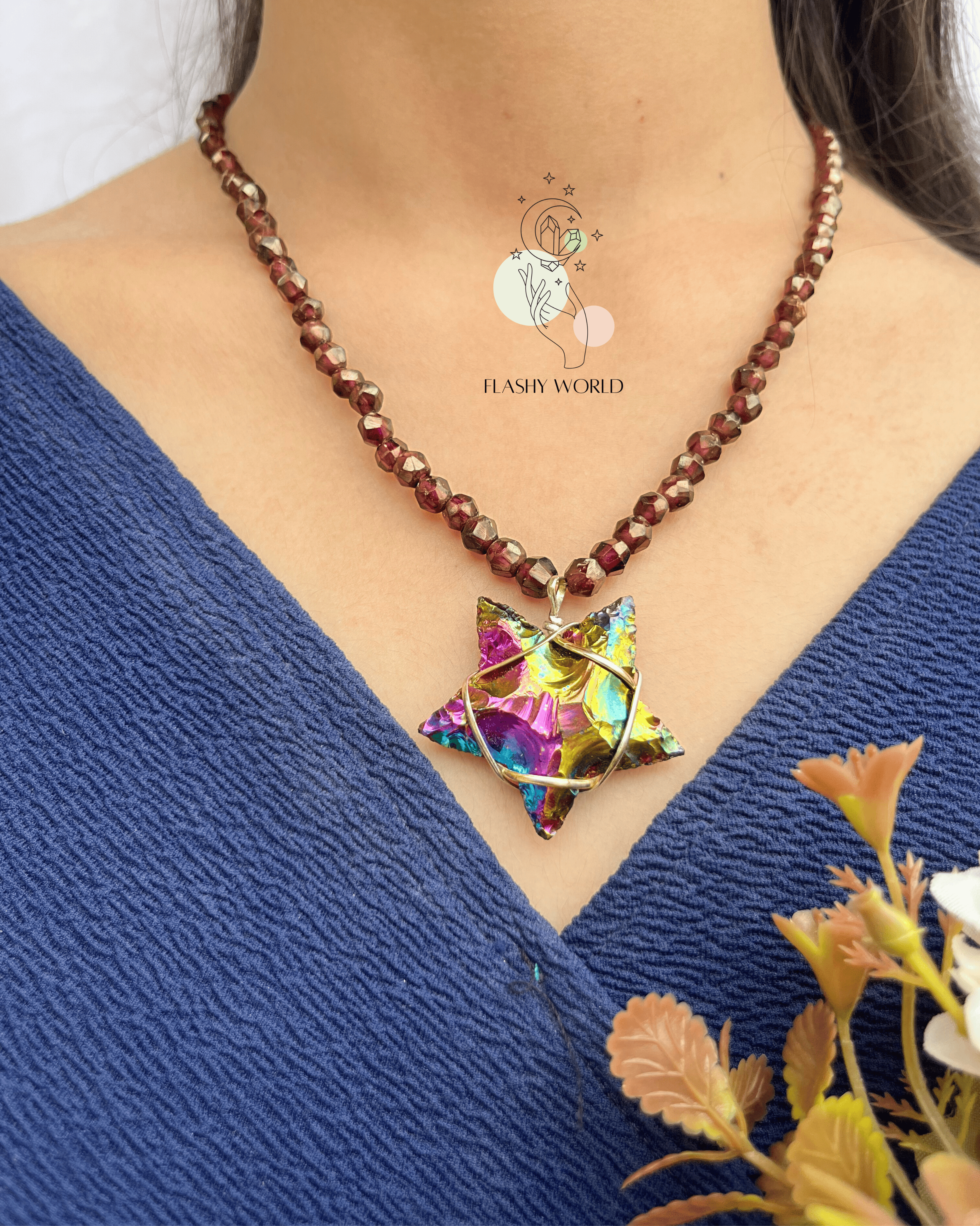 Garnet Beaded Necklace with Aura Star Pendant | Handmade Crystal Choker Necklace for Women