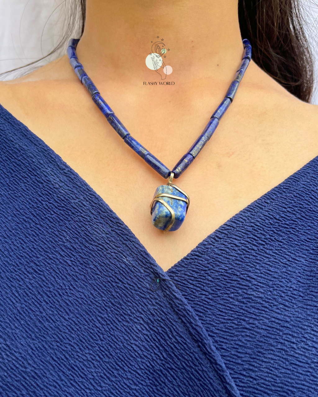 Rare Lapis Lazuli Pipe Bead Necklace – Silver Wire Wrapped Lapis Pendant | Handmade Natural Stone Healing Jewelry