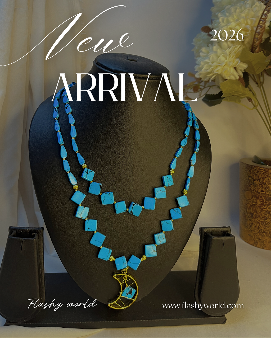 Turquoise Double Layer Necklace with Golden Moon Pendant | Handmade Lightweight Crystal Necklace for Women | Boho & Traditional Jewelry India
