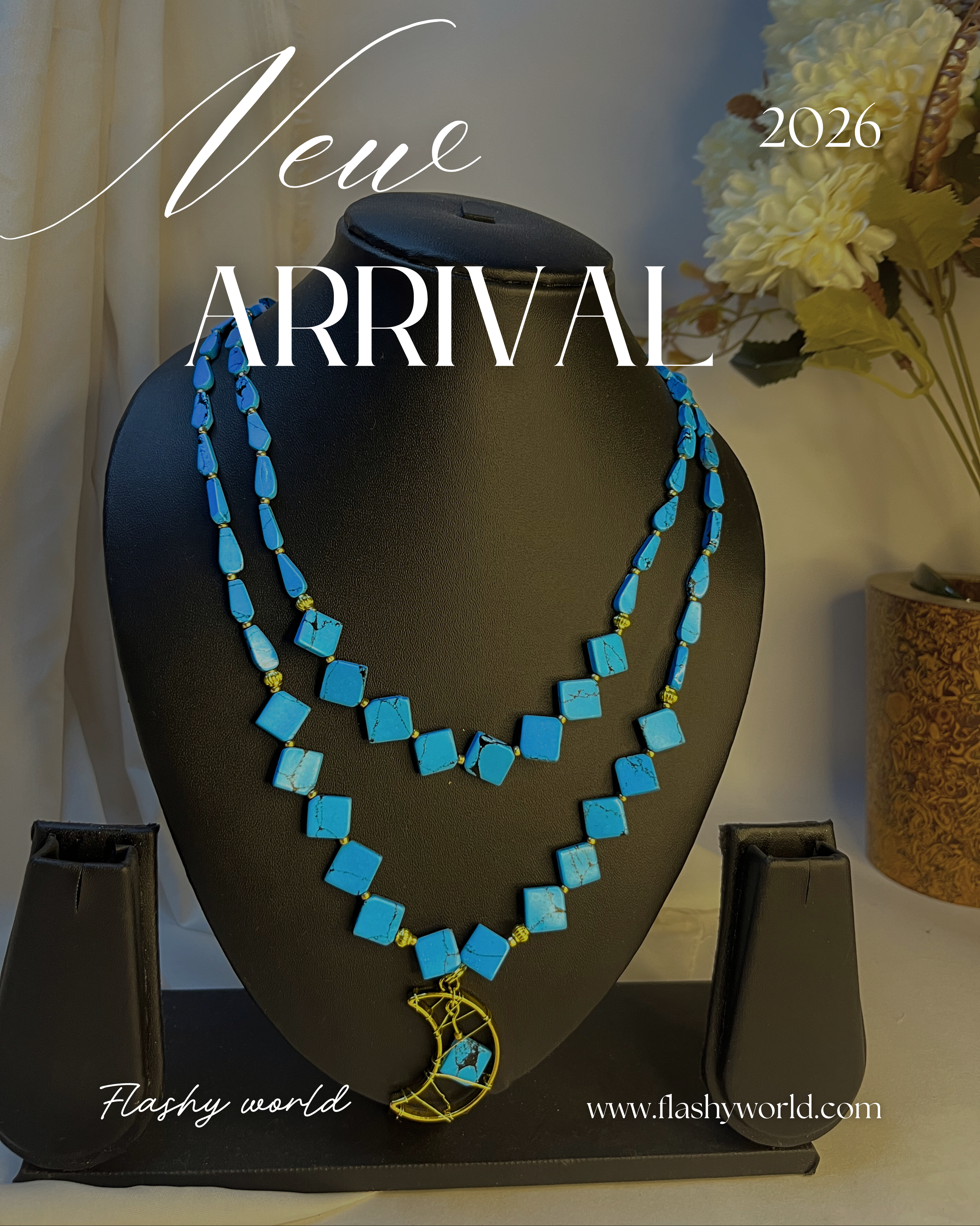 Turquoise Double Layer Necklace with Golden Moon Pendant | Handmade Lightweight Crystal Necklace for Women | Boho & Traditional Jewelry India