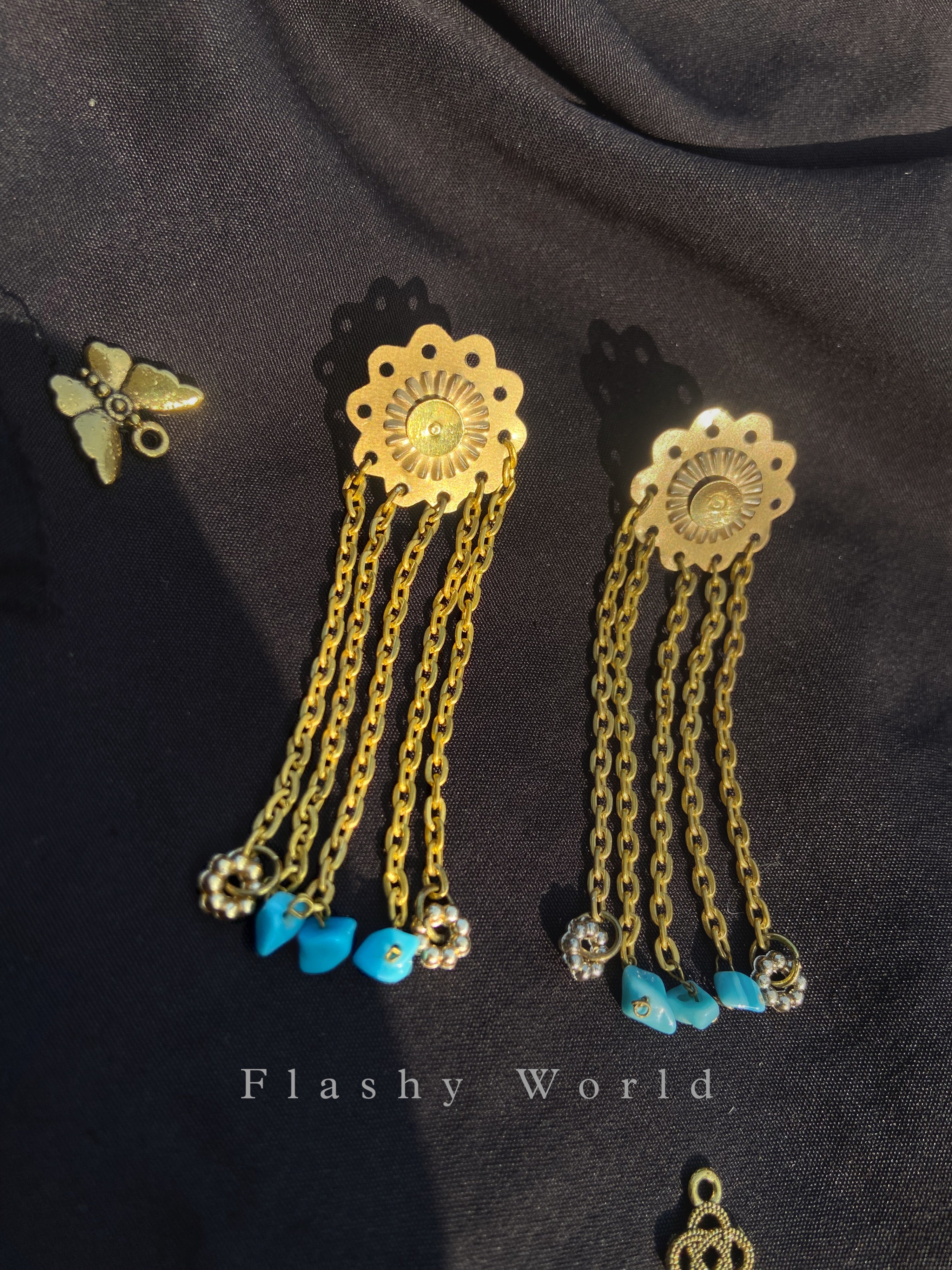 Handmade Golden Floral Chain Earrings with Natural Turquoise Chips | Lightweight Trendy Dangler Earrings