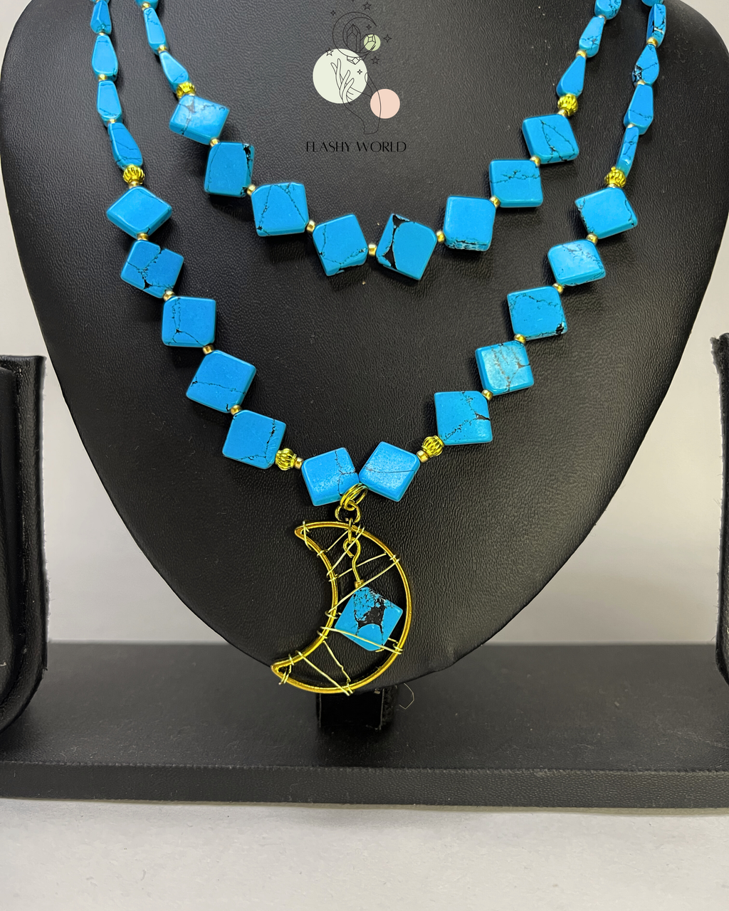 Turquoise Double Layer Necklace with Golden Moon Pendant | Handmade Lightweight Crystal Necklace for Women | Boho & Traditional Jewelry India