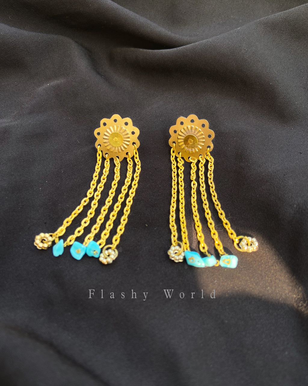 Handmade Golden Floral Chain Earrings with Natural Turquoise Chips | Lightweight Trendy Dangler Earrings