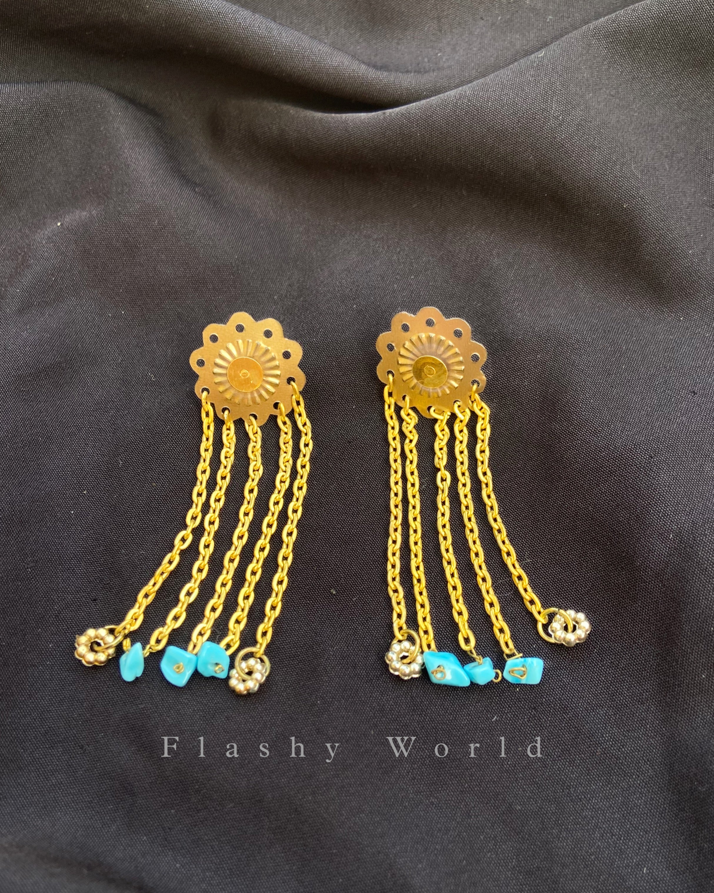 Handmade Golden Floral Chain Earrings with Natural Turquoise Chips | Lightweight Trendy Dangler Earrings