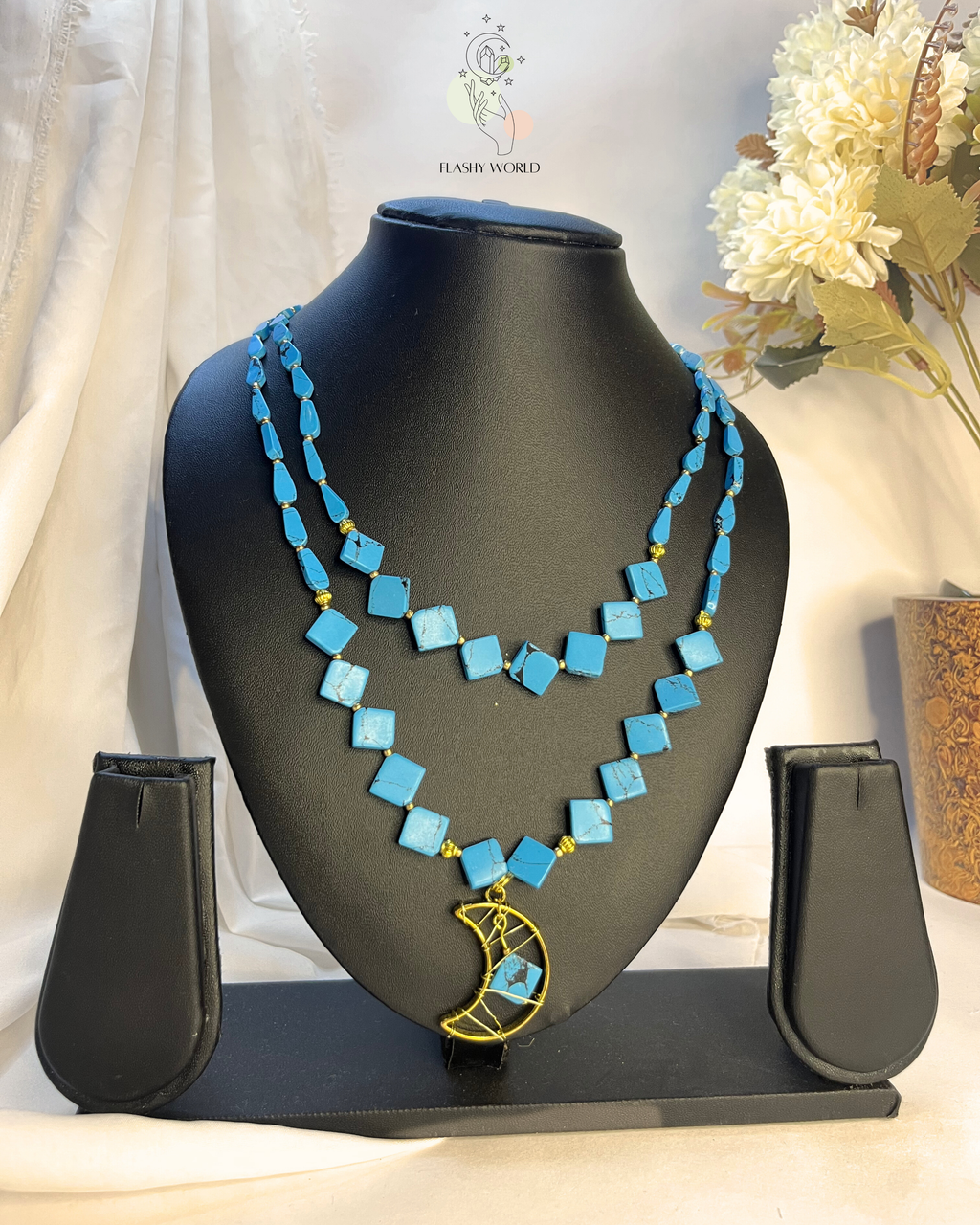 Turquoise Double Layer Necklace with Golden Moon Pendant | Handmade Lightweight Crystal Necklace for Women | Boho & Traditional Jewelry India