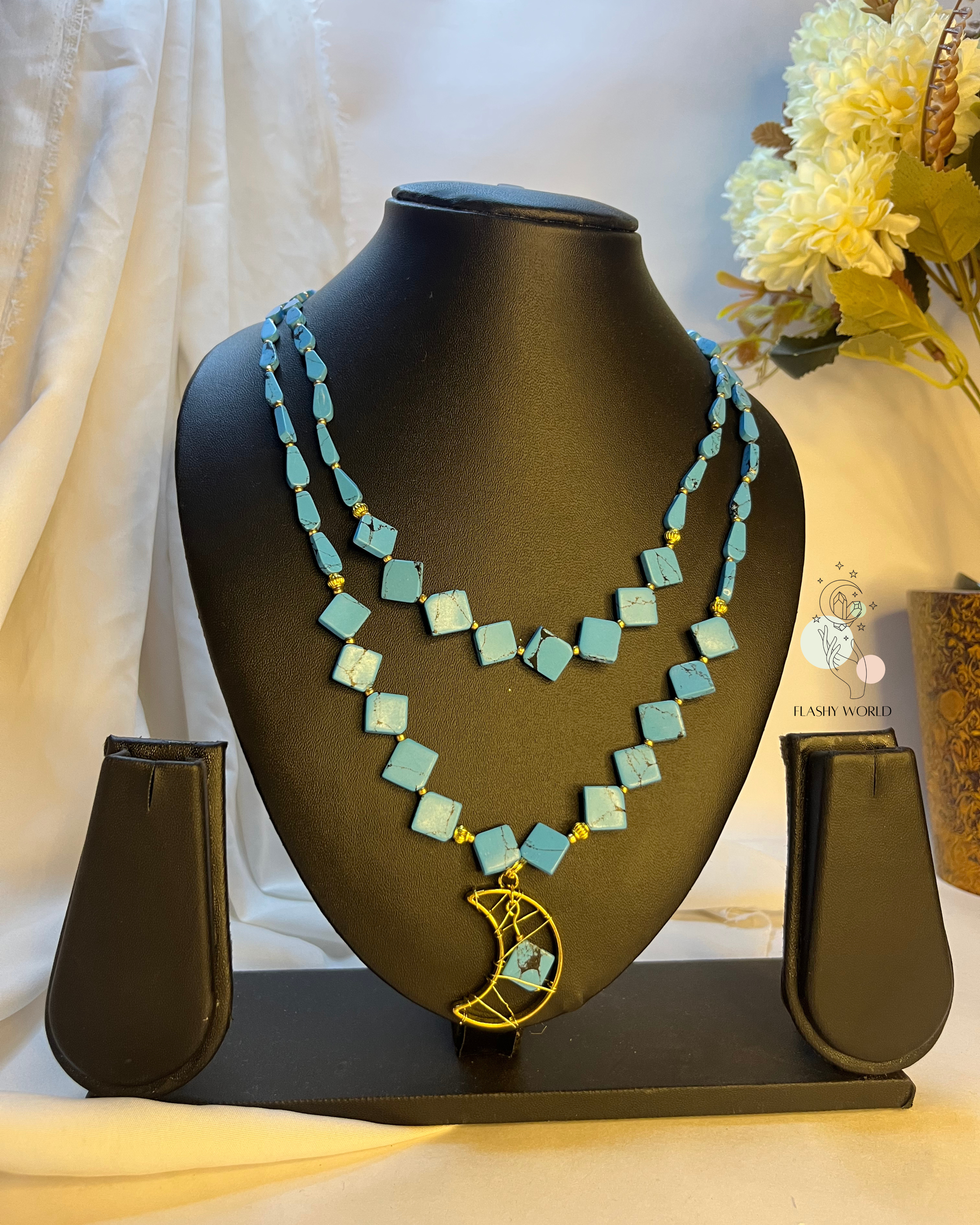 Turquoise Double Layer Necklace with Golden Moon Pendant | Handmade Lightweight Crystal Necklace for Women | Boho & Traditional Jewelry India