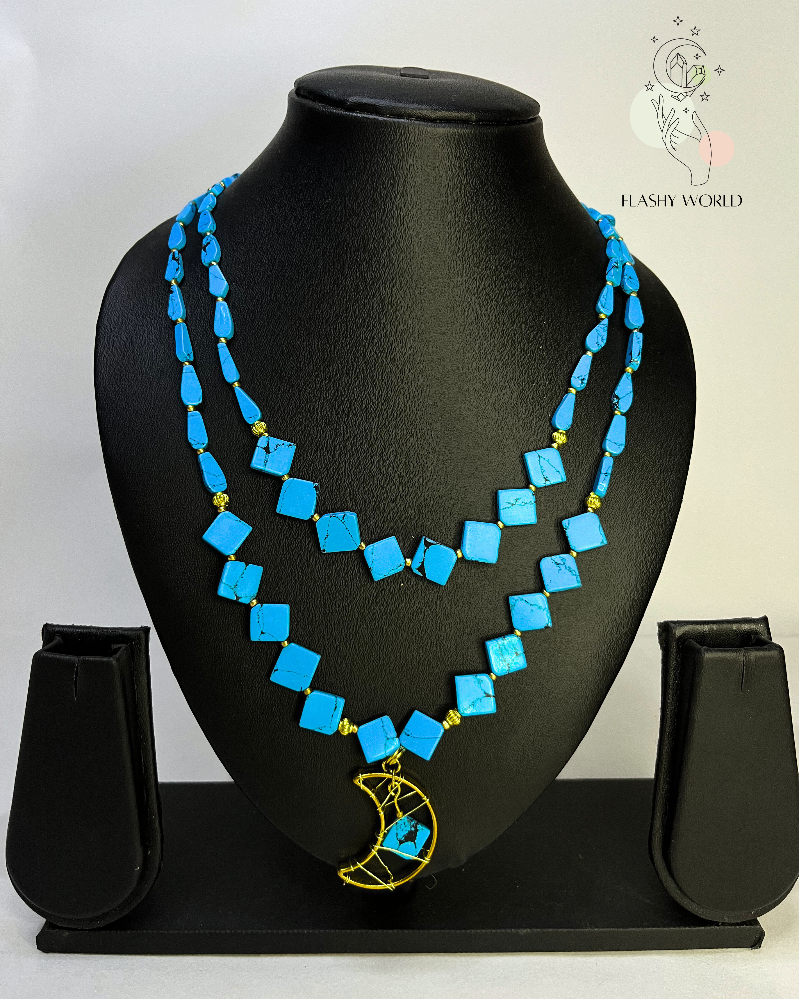 Turquoise Double Layer Necklace with Golden Moon Pendant | Handmade Lightweight Crystal Necklace for Women | Boho & Traditional Jewelry India