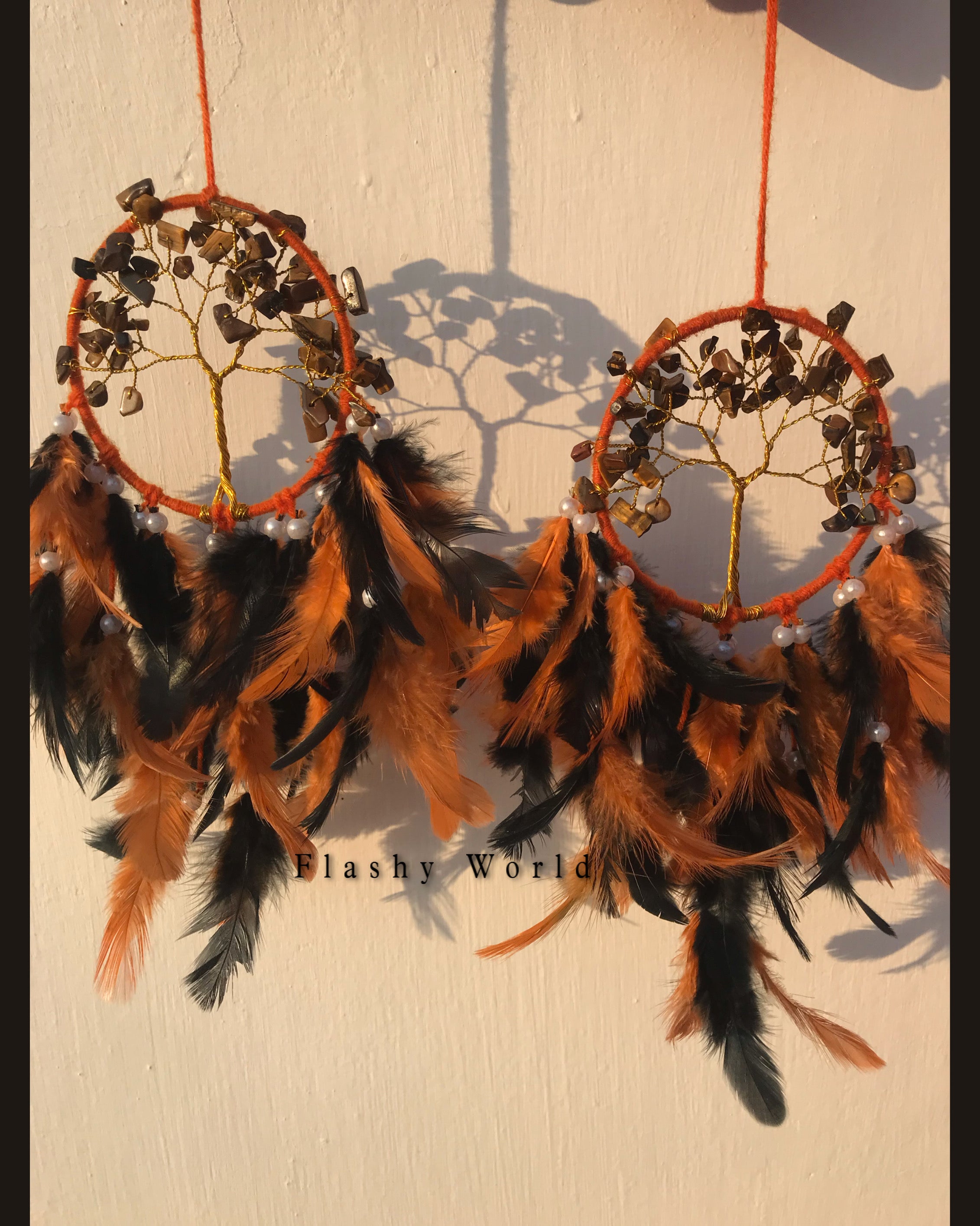 Mini Tiger Eye Tree of Life Dreamcatcher for Car Hanging – Natural Feather & Crystal Charm for Protection, Positivity & Good Luck