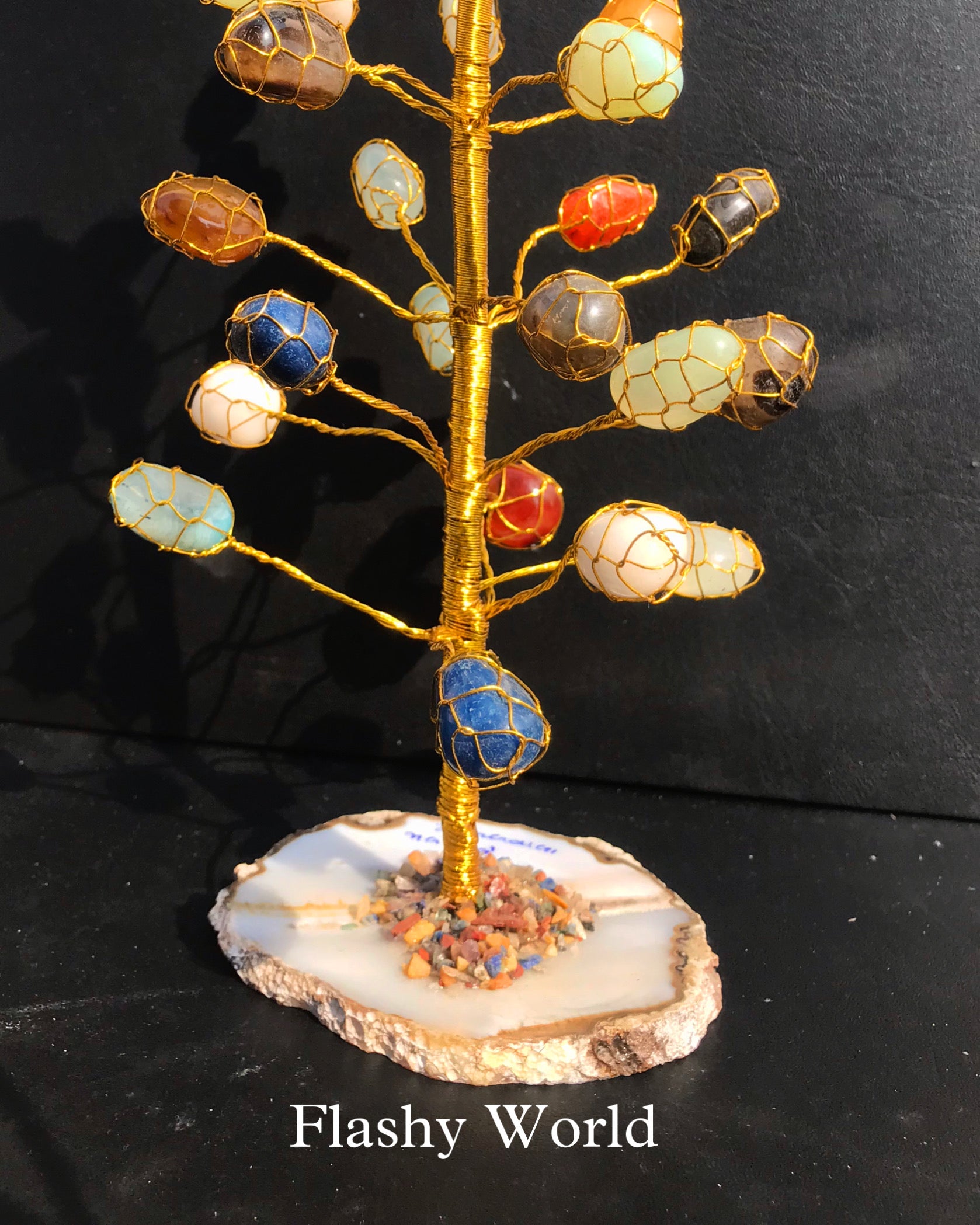 Tumble Stone Crystal Tree on Natural Agate Coaster Base | Handmade Gemstone Tree for Positivity, Luck & Home Energy Decor