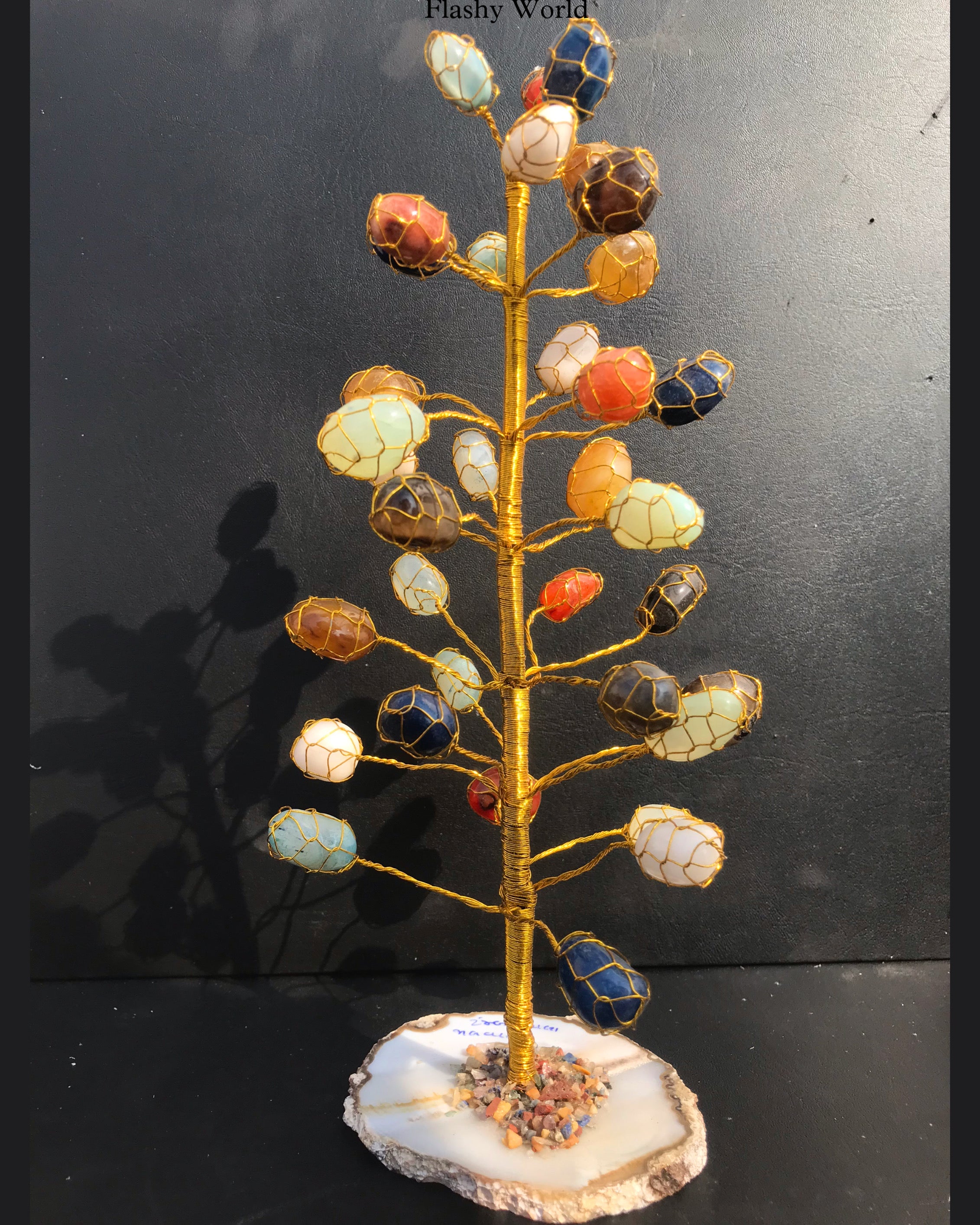Tumble Stone Crystal Tree on Natural Agate Coaster Base | Handmade Gemstone Tree for Positivity, Luck & Home Energy Decor