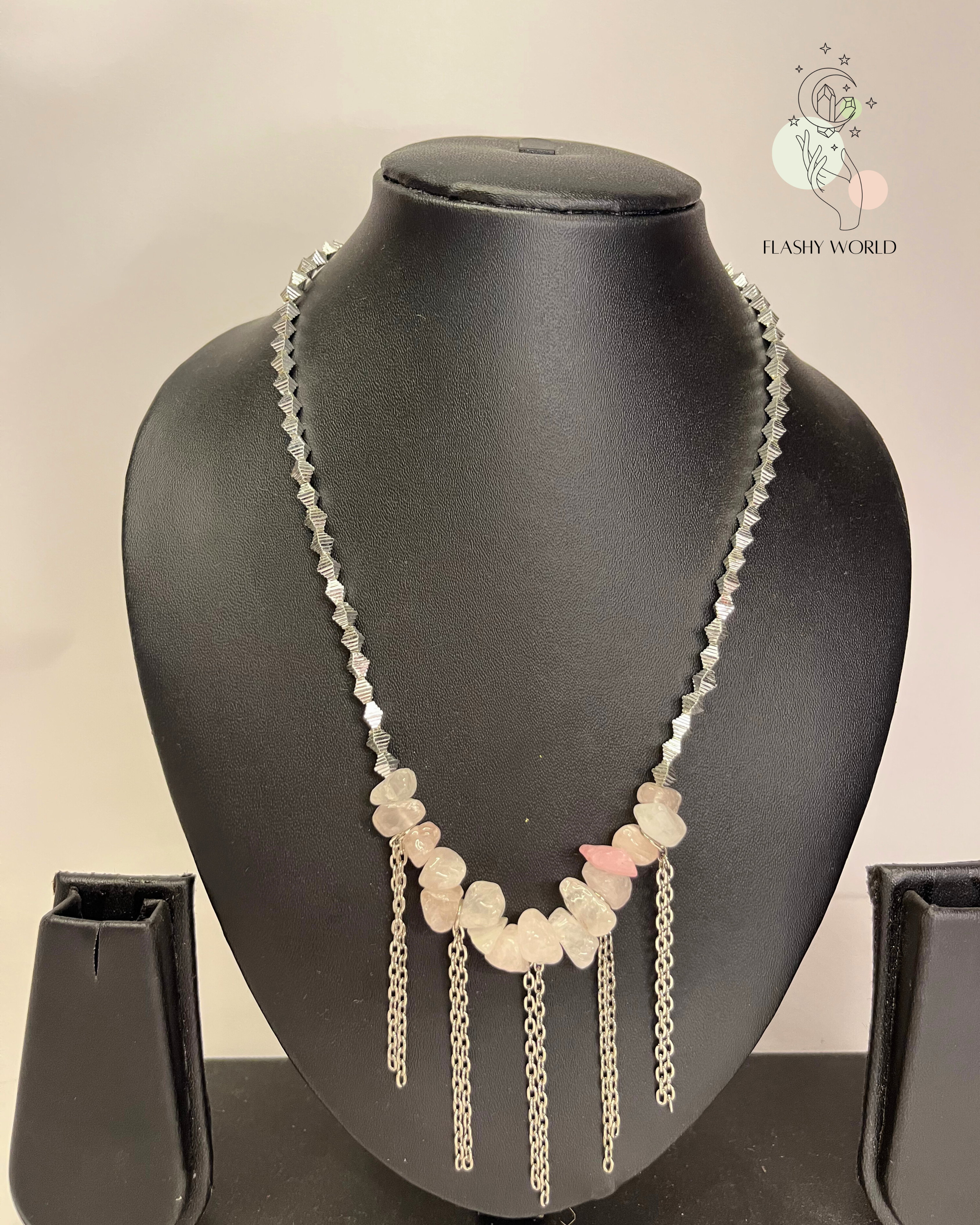 Rose Quartz Chain Drape Necklace – Natural Crystal Chips with Silver Beads & Layered Chain Design | Handmade Healing Jewelry