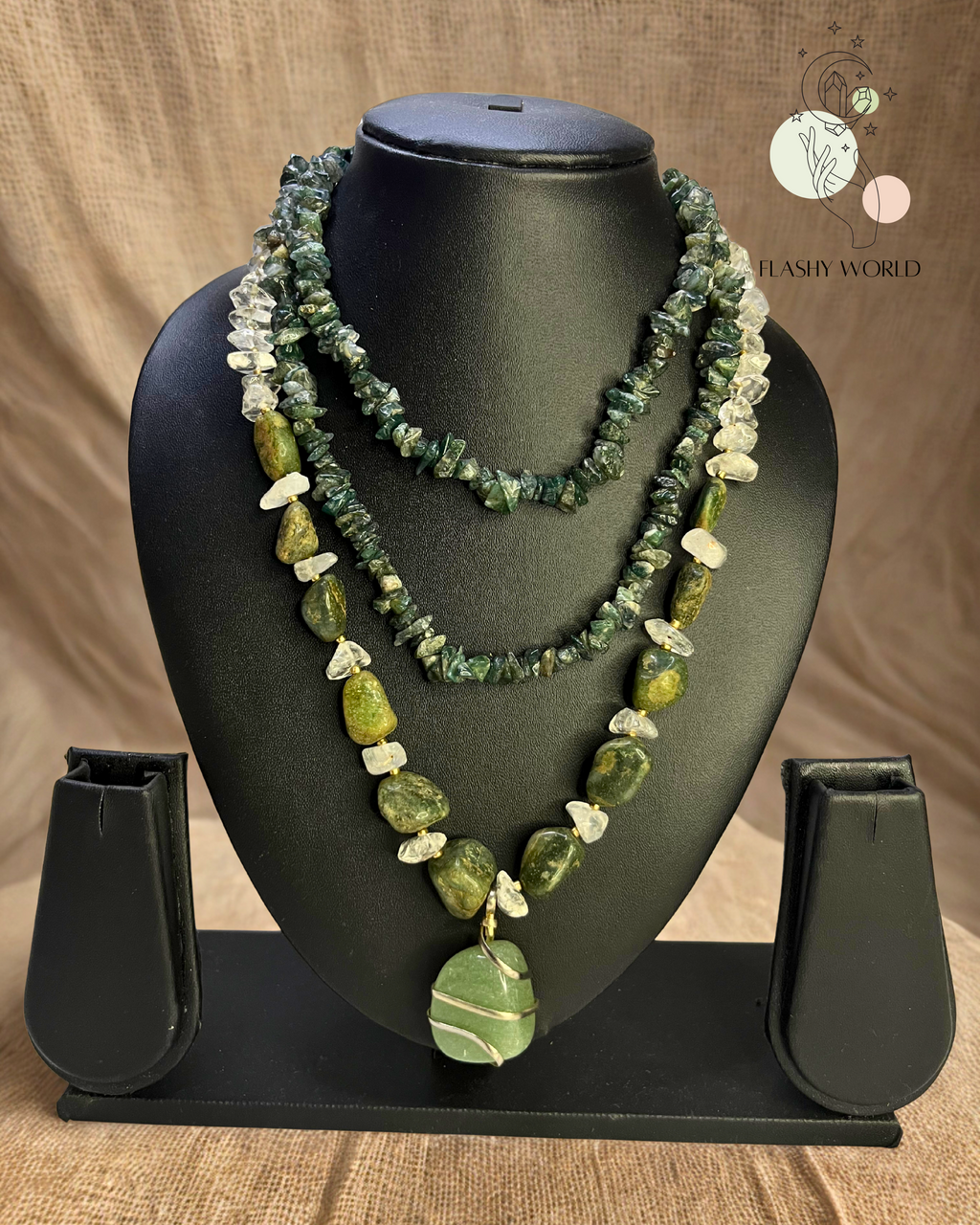 Three-Layer Healing Crystal Necklace – Green Jade, Moss Chips, Aventurine & Clear Quartz | Natural Stone Energy Jewelry