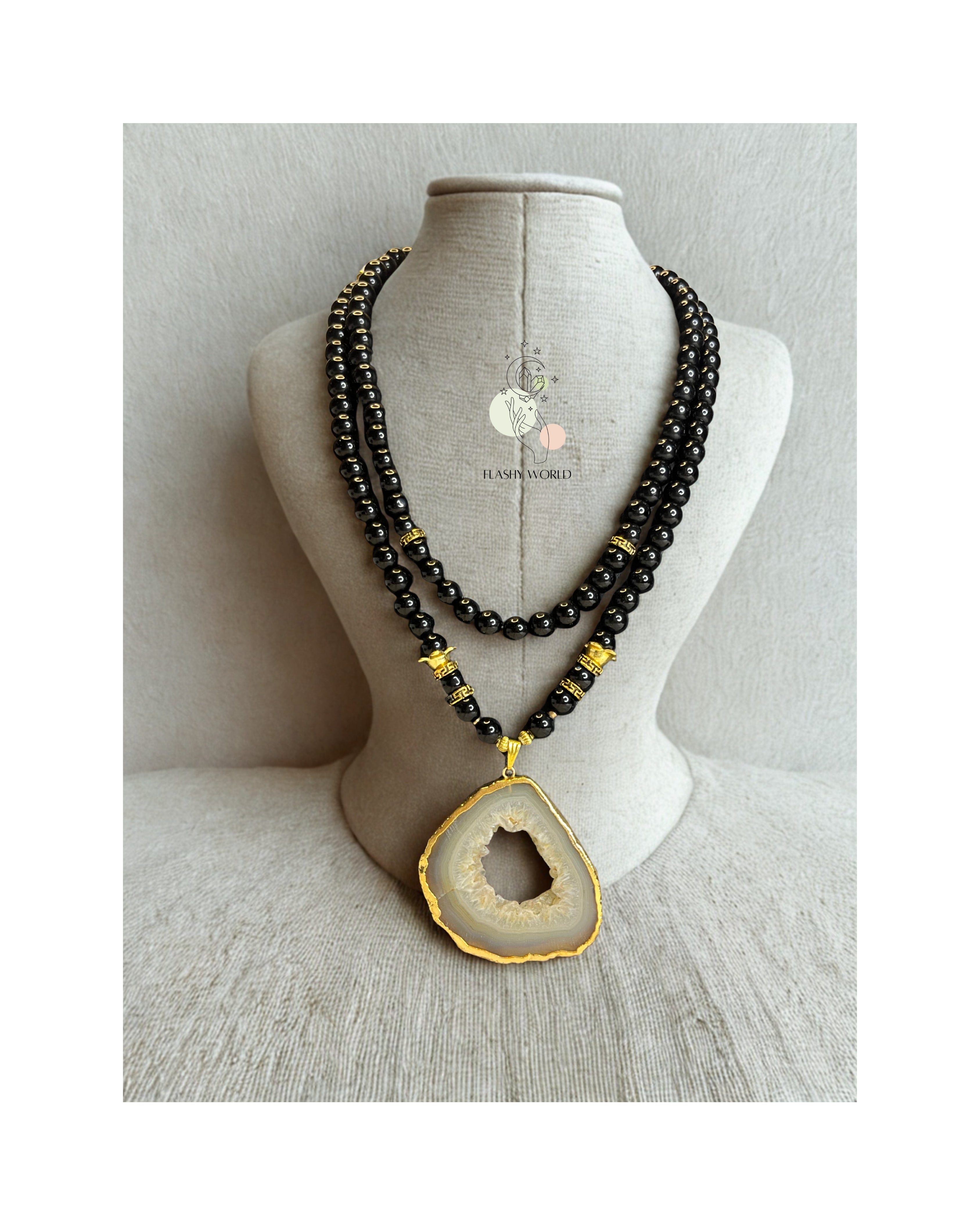 Layered Black Obsidian Necklace with Gold-Plated Agate Pendant – Natural Stone Healing Jewelry for Protection & Style