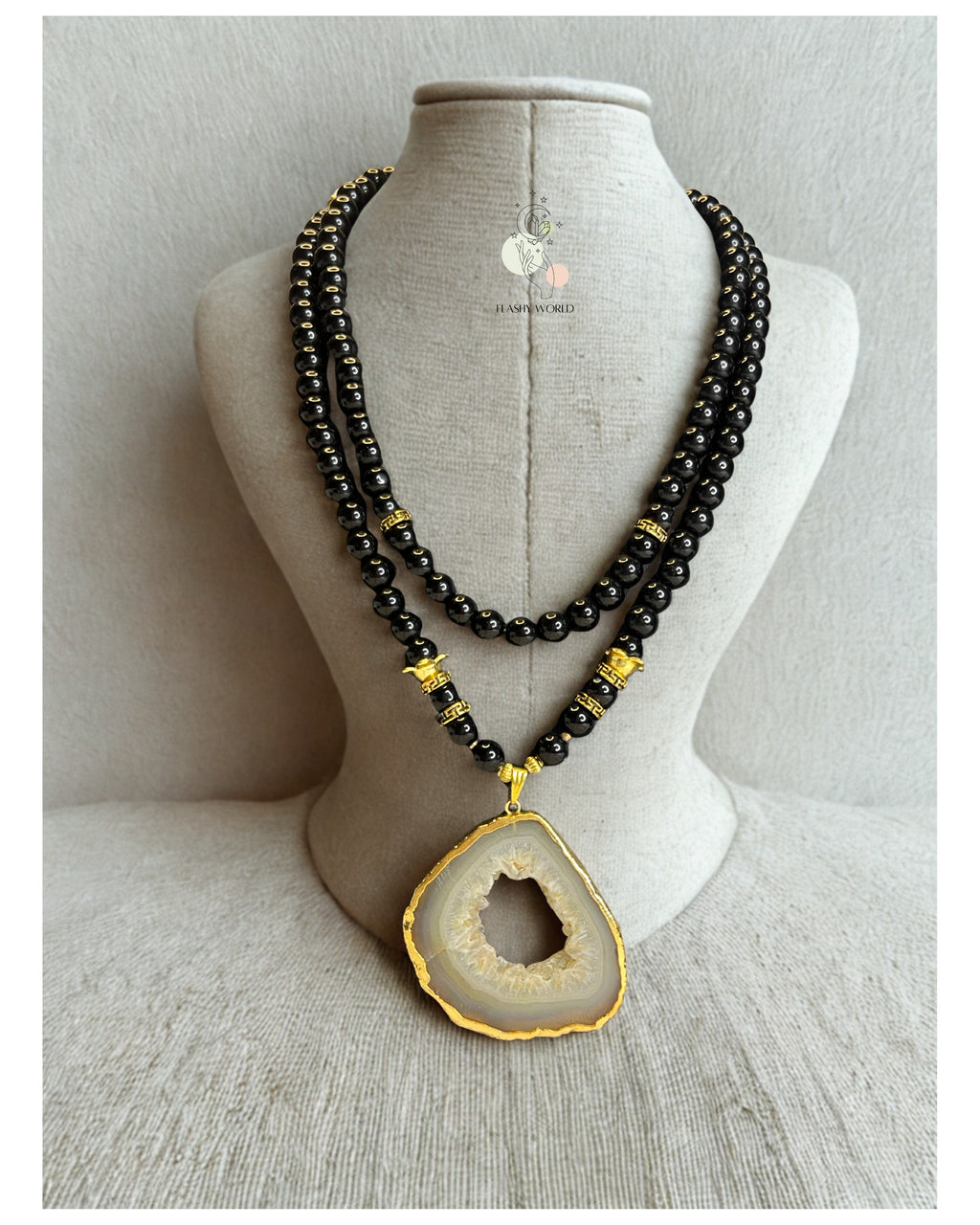 Layered Black Obsidian Necklace with Gold-Plated Agate Pendant – Natural Stone Healing Jewelry for Protection & Style