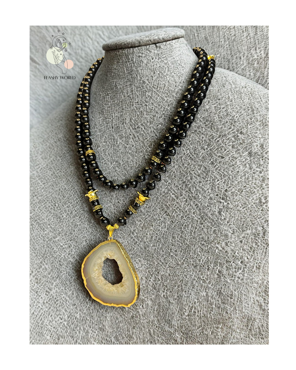 Layered Black Obsidian Necklace with Gold-Plated Agate Pendant – Natural Stone Healing Jewelry for Protection & Style