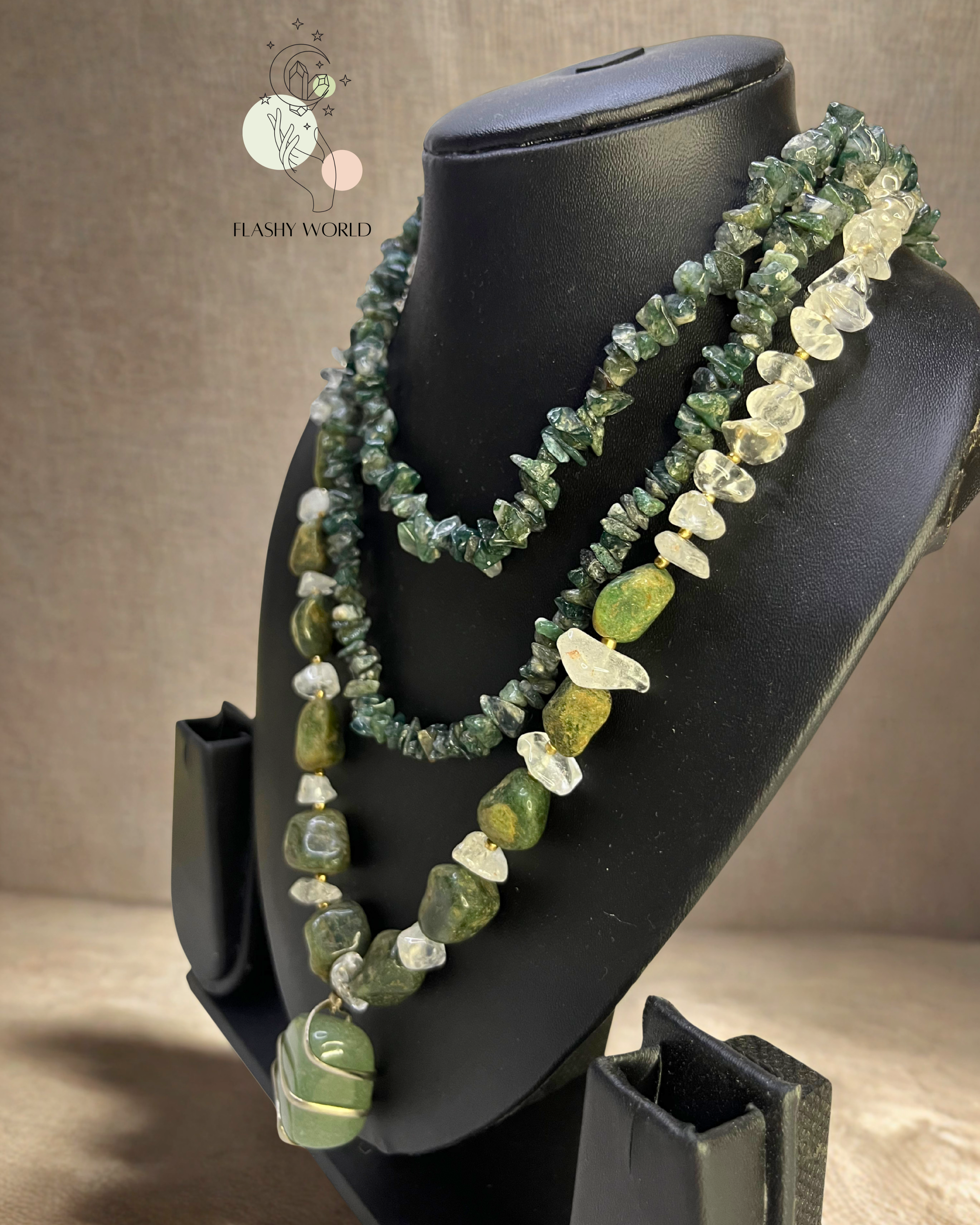 Three-Layer Healing Crystal Necklace – Green Jade, Moss Chips, Aventurine & Clear Quartz | Natural Stone Energy Jewelry