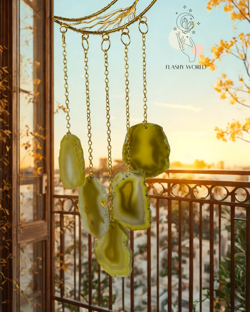 Handmade Citrine Moon Tree Hanger with Natural Agate Coaster Plates | Positive Energy Crystal Wall Decor & Wind Chime