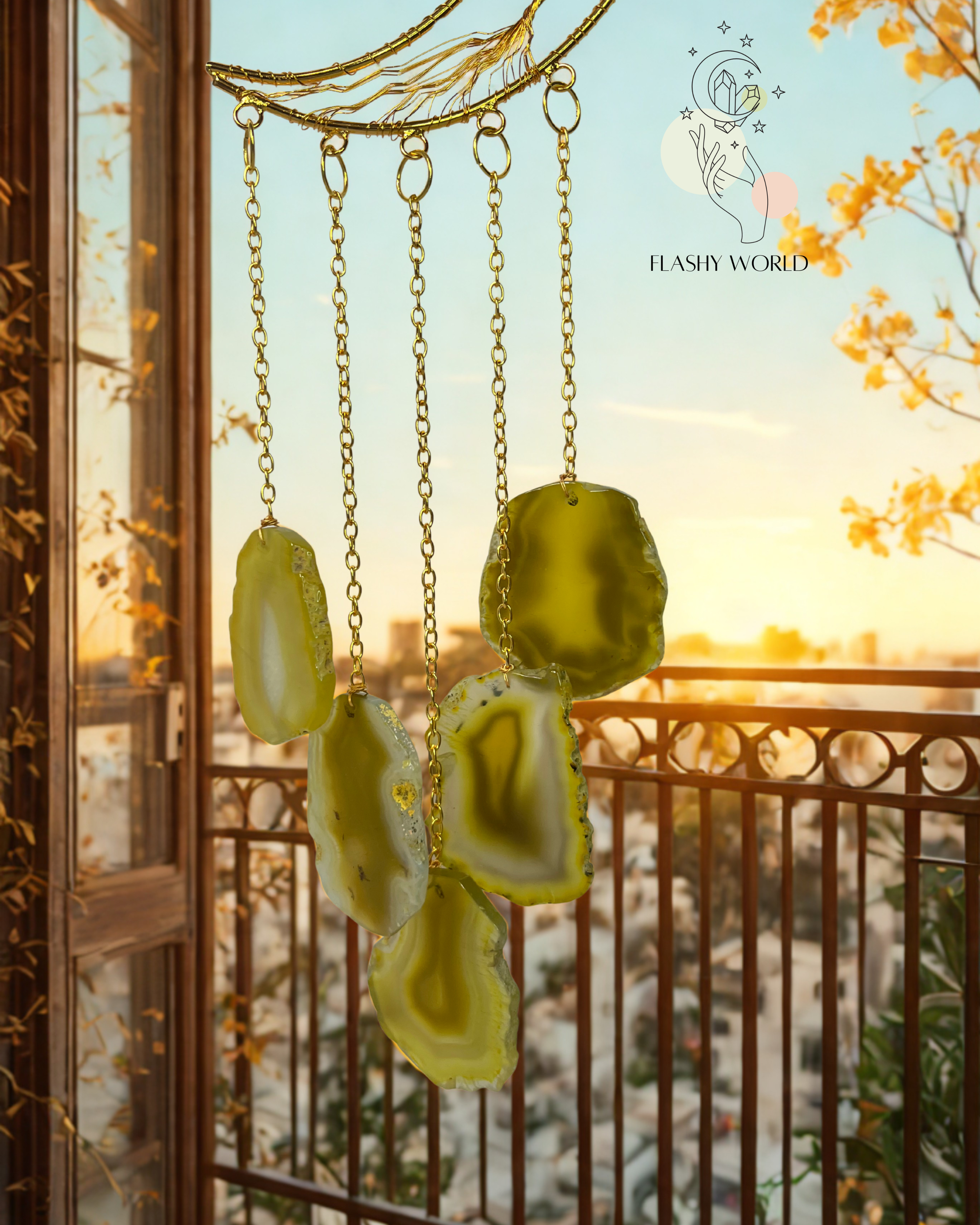 Handmade Citrine Moon Tree Hanger with Natural Agate Coaster Plates | Positive Energy Crystal Wall Decor & Wind Chime