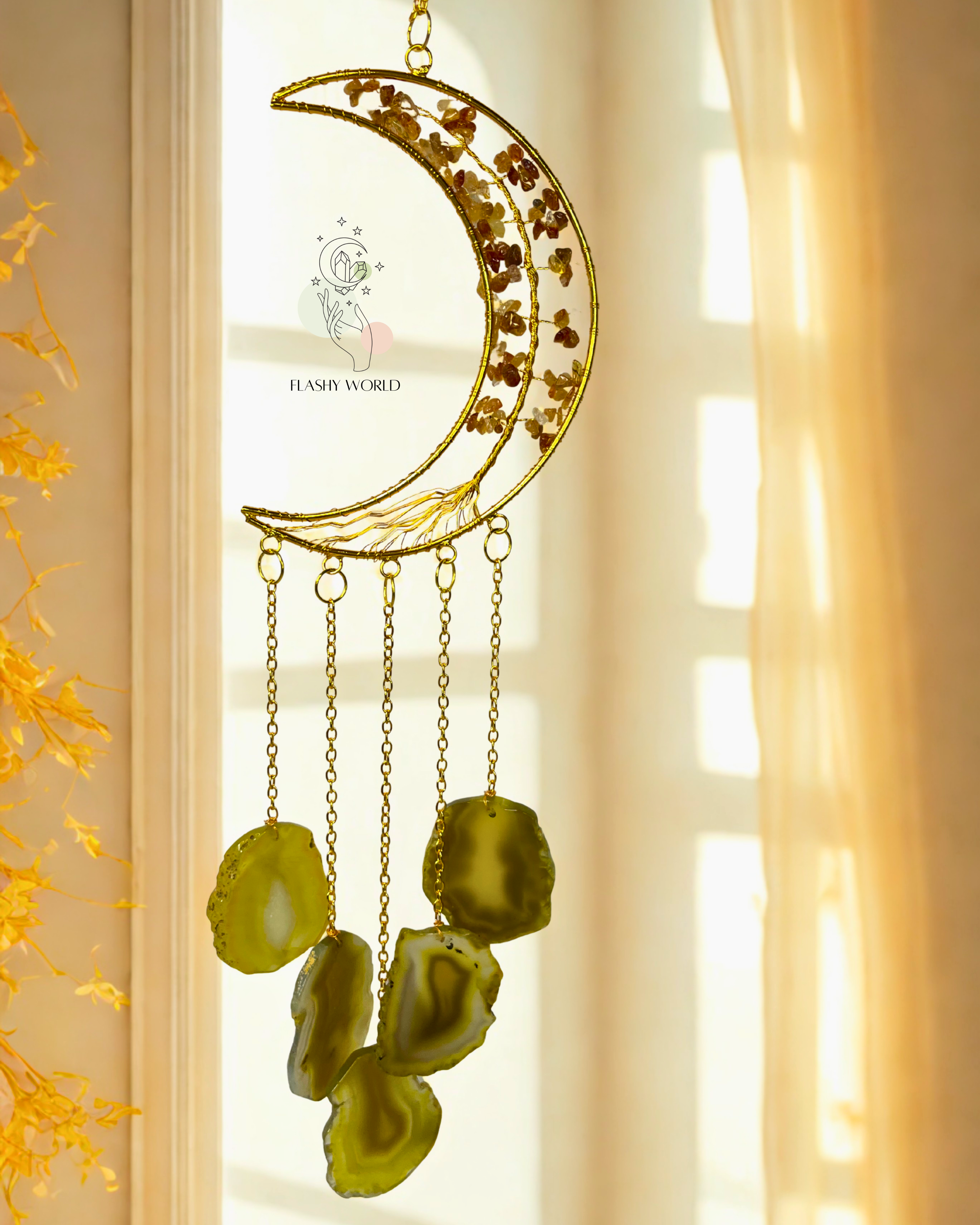Handmade Citrine Moon Tree Hanger with Natural Agate Coaster Plates | Positive Energy Crystal Wall Decor & Wind Chime
