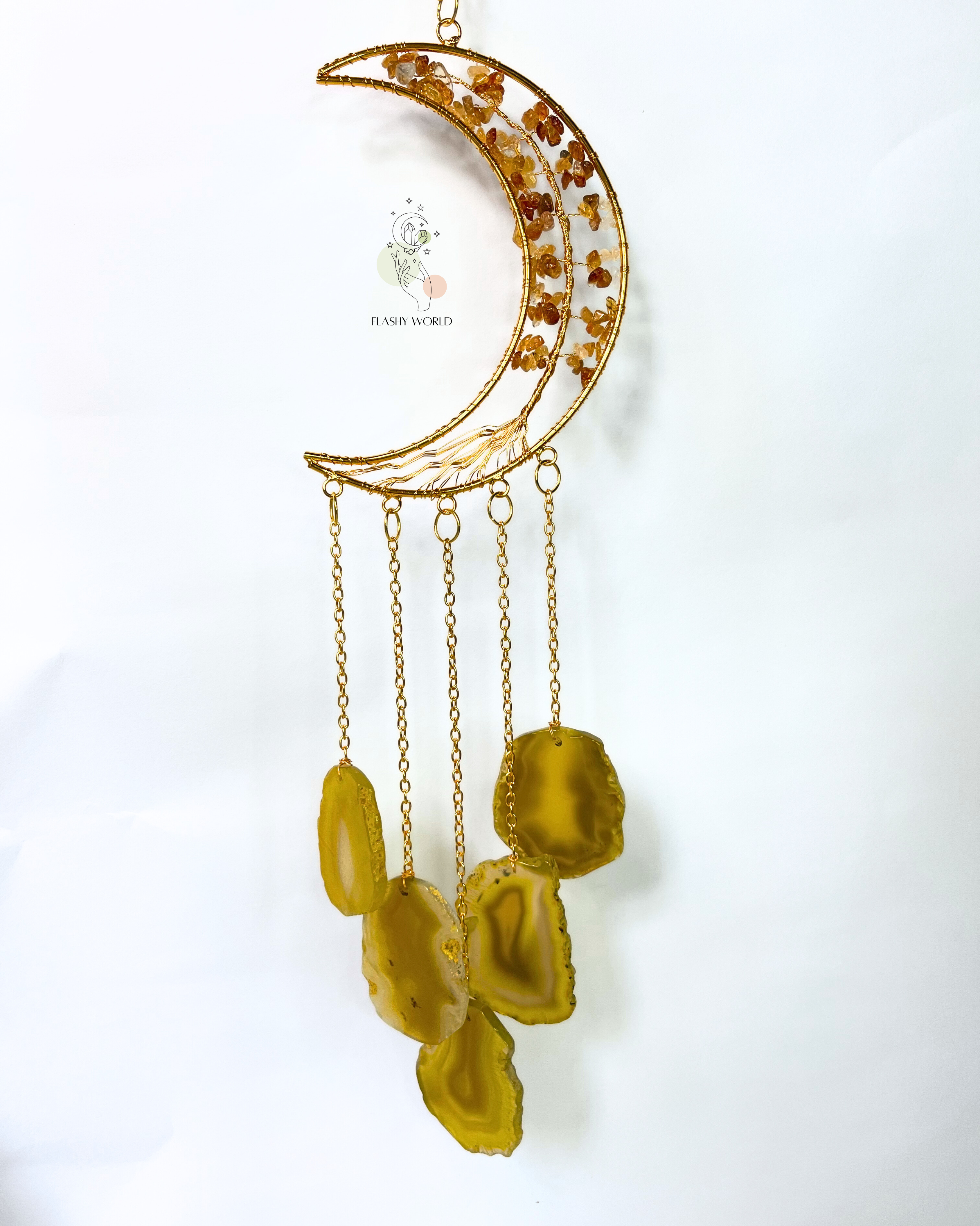 Handmade Citrine Moon Tree Hanger with Natural Agate Coaster Plates | Positive Energy Crystal Wall Decor & Wind Chime
