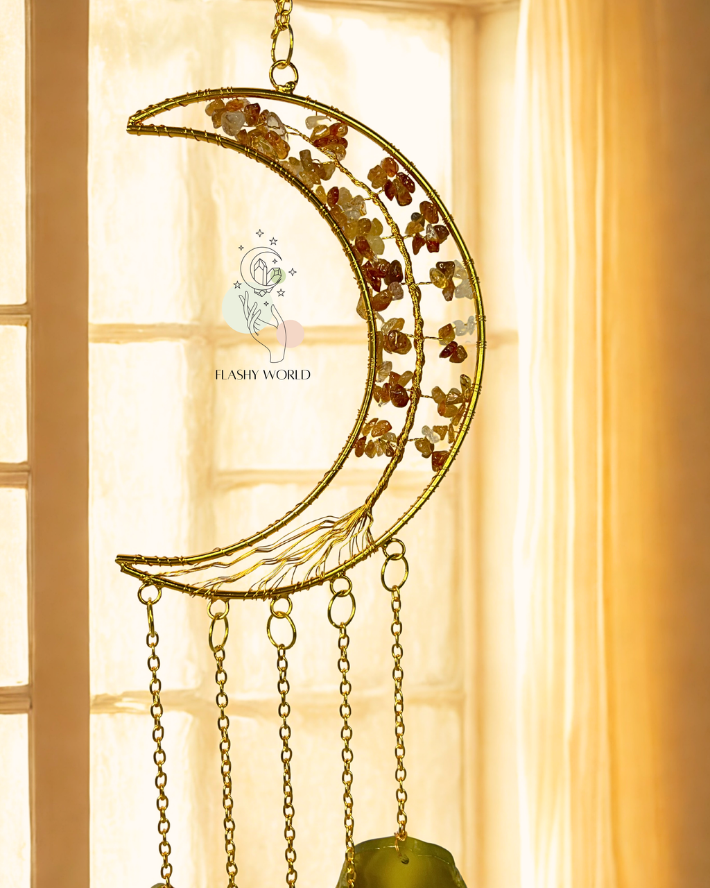 Handmade Citrine Moon Tree Hanger with Natural Agate Coaster Plates | Positive Energy Crystal Wall Decor & Wind Chime