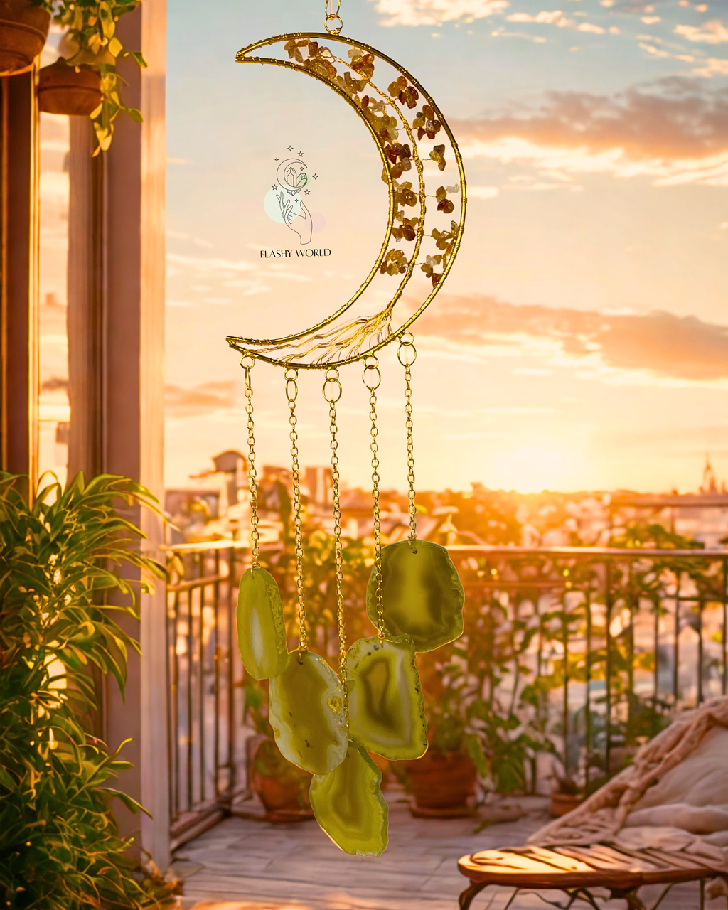 Handmade Citrine Moon Tree Hanger with Natural Agate Coaster Plates | Positive Energy Crystal Wall Decor & Wind Chime