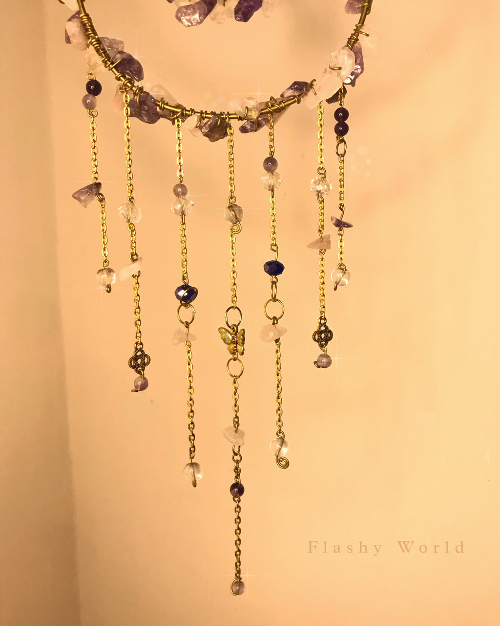 Golden Moon Amethyst Crystal Wall Hanger – Handmade Sun Catcher with Butterfly Charms & Beads for Positive Energy & Boho Home Décor