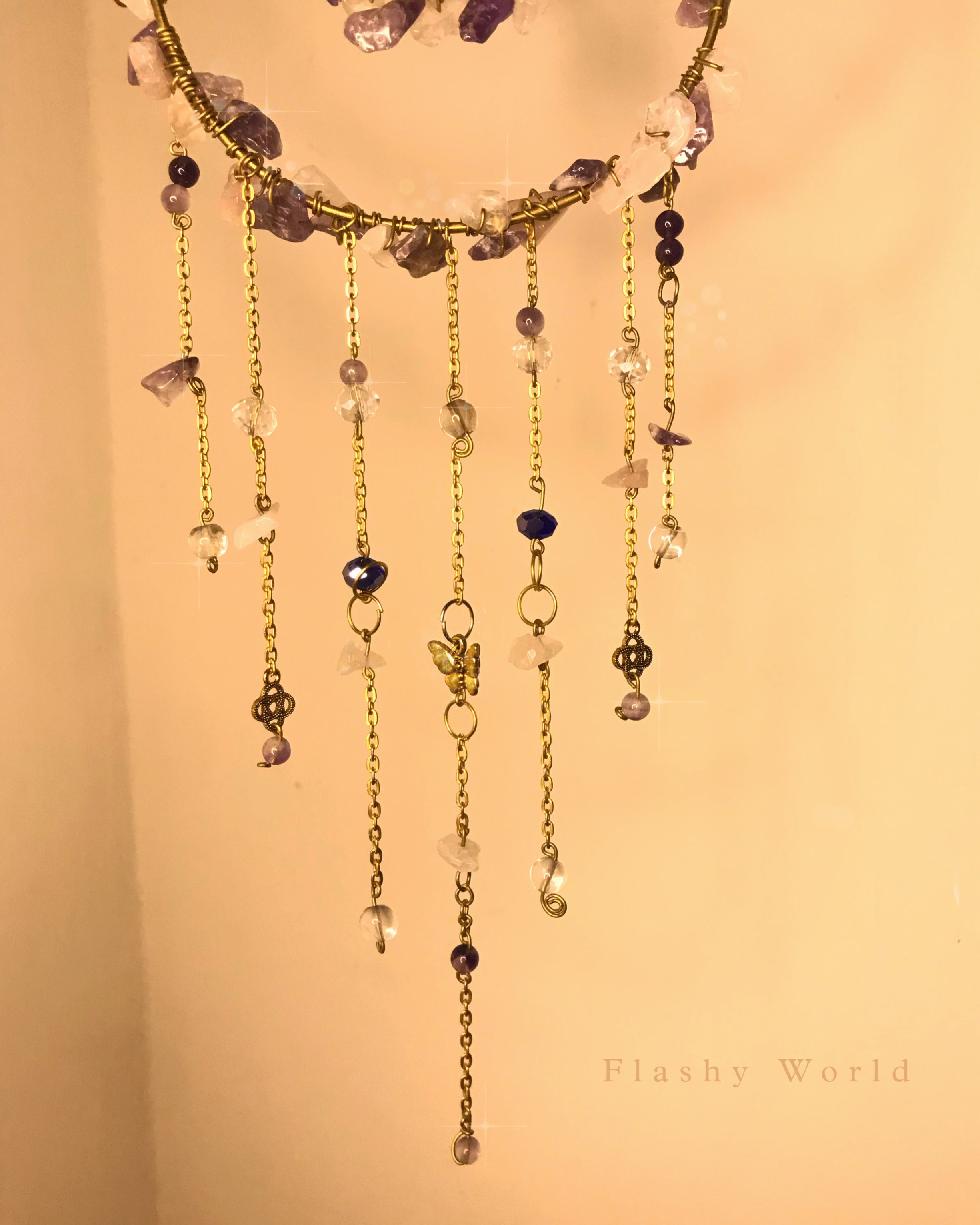 Golden Moon Amethyst Crystal Wall Hanger – Handmade Sun Catcher with Butterfly Charms & Beads for Positive Energy & Boho Home Décor