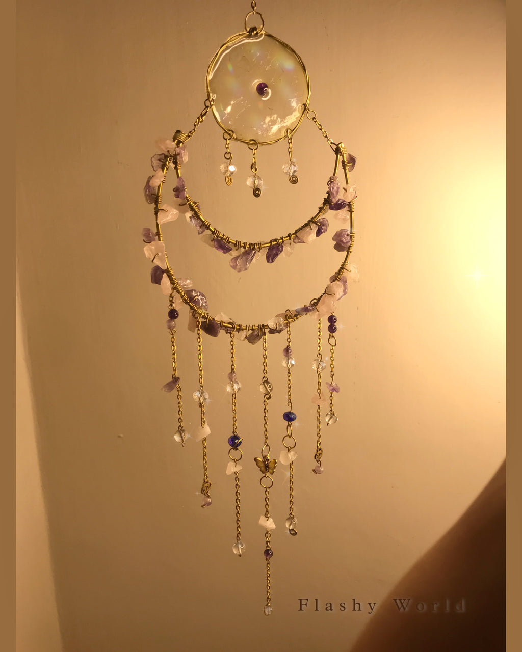 Golden Moon Amethyst Crystal Wall Hanger – Handmade Sun Catcher with Butterfly Charms & Beads for Positive Energy & Boho Home Décor