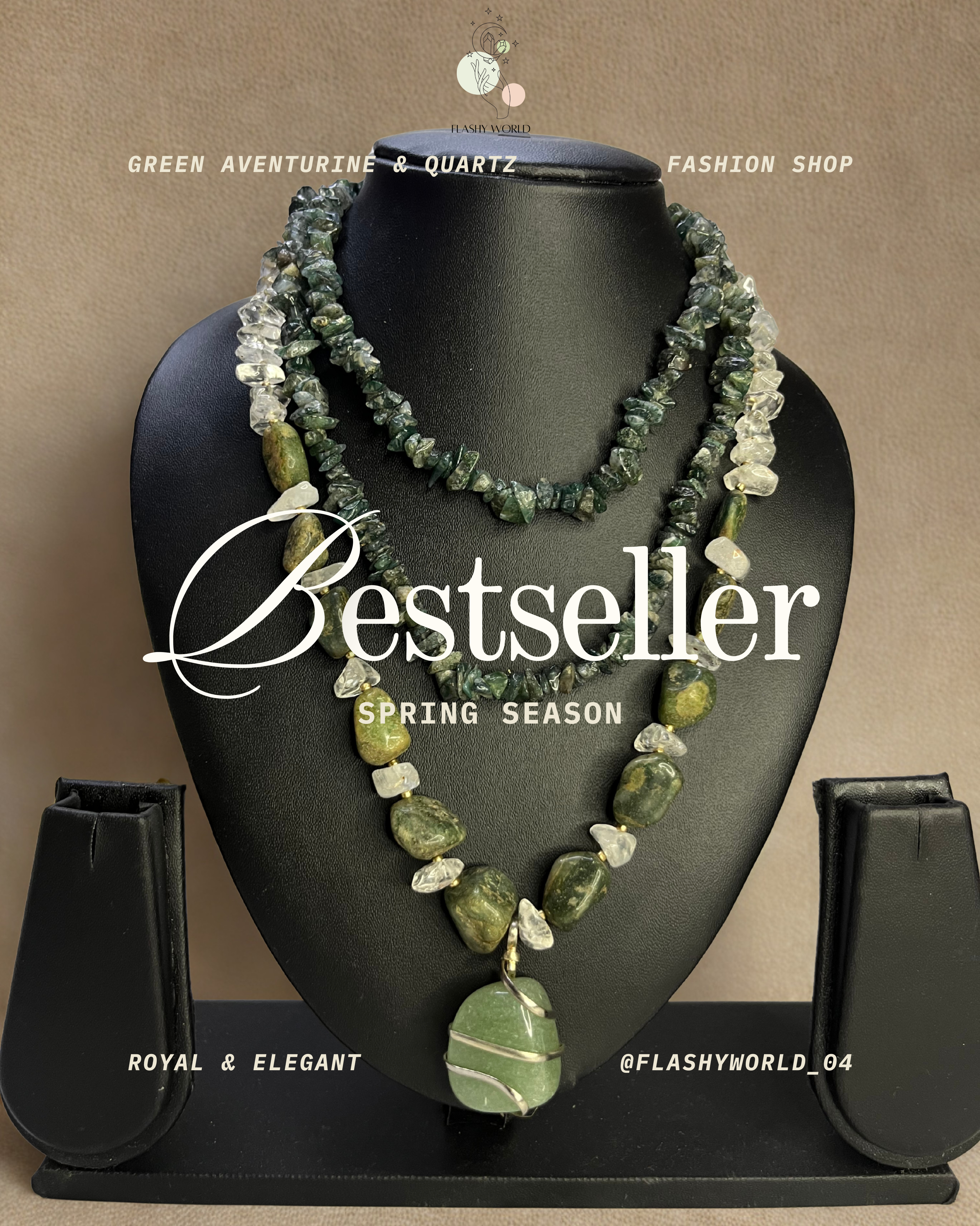 Three-Layer Healing Crystal Necklace – Green Jade, Moss Chips, Aventurine & Clear Quartz | Natural Stone Energy Jewelry