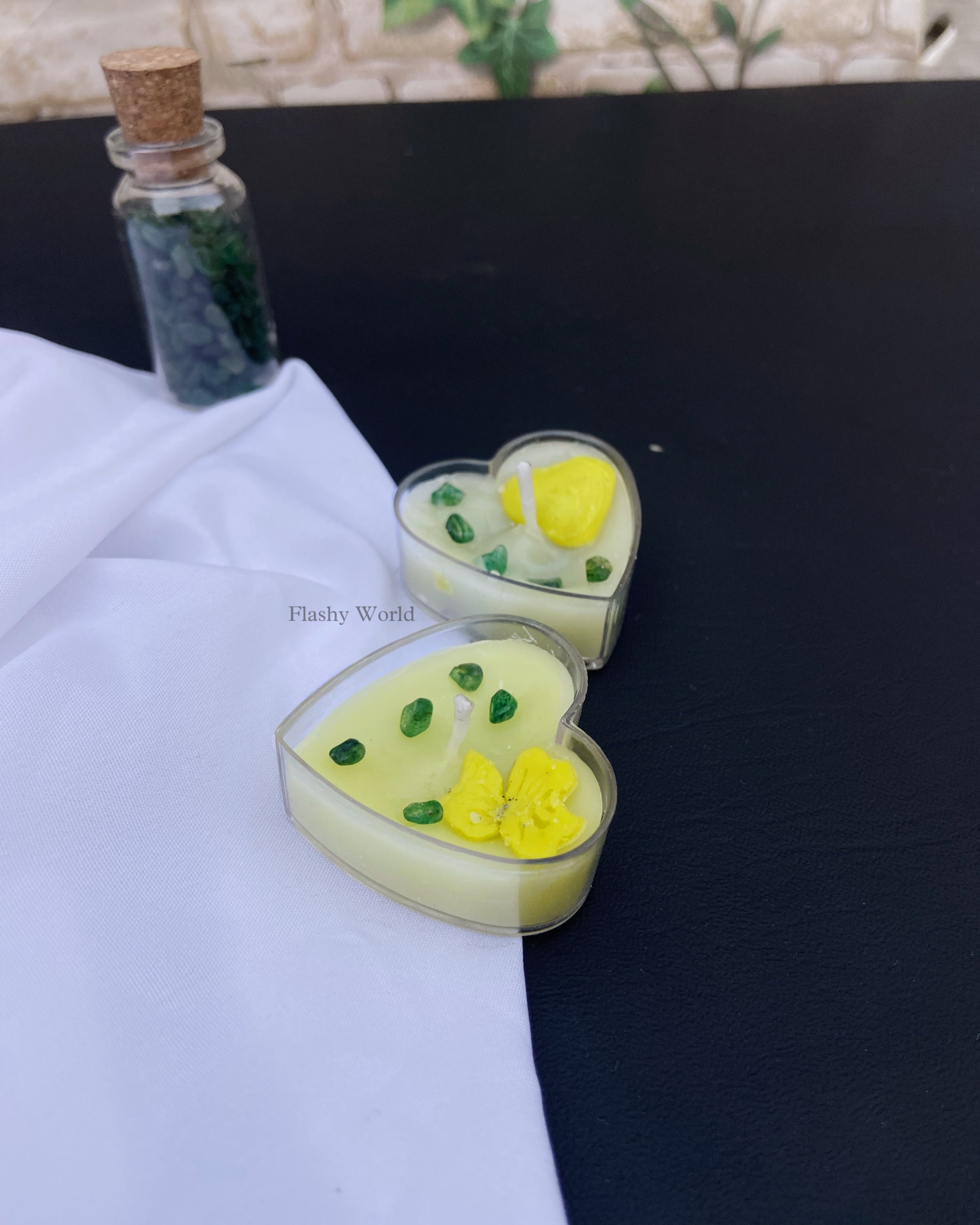 Heart Shape Green Jade Crystal Candle (Set of 2) | Rose Scented Mini Candle for Meditation, Good Luck & Gifting