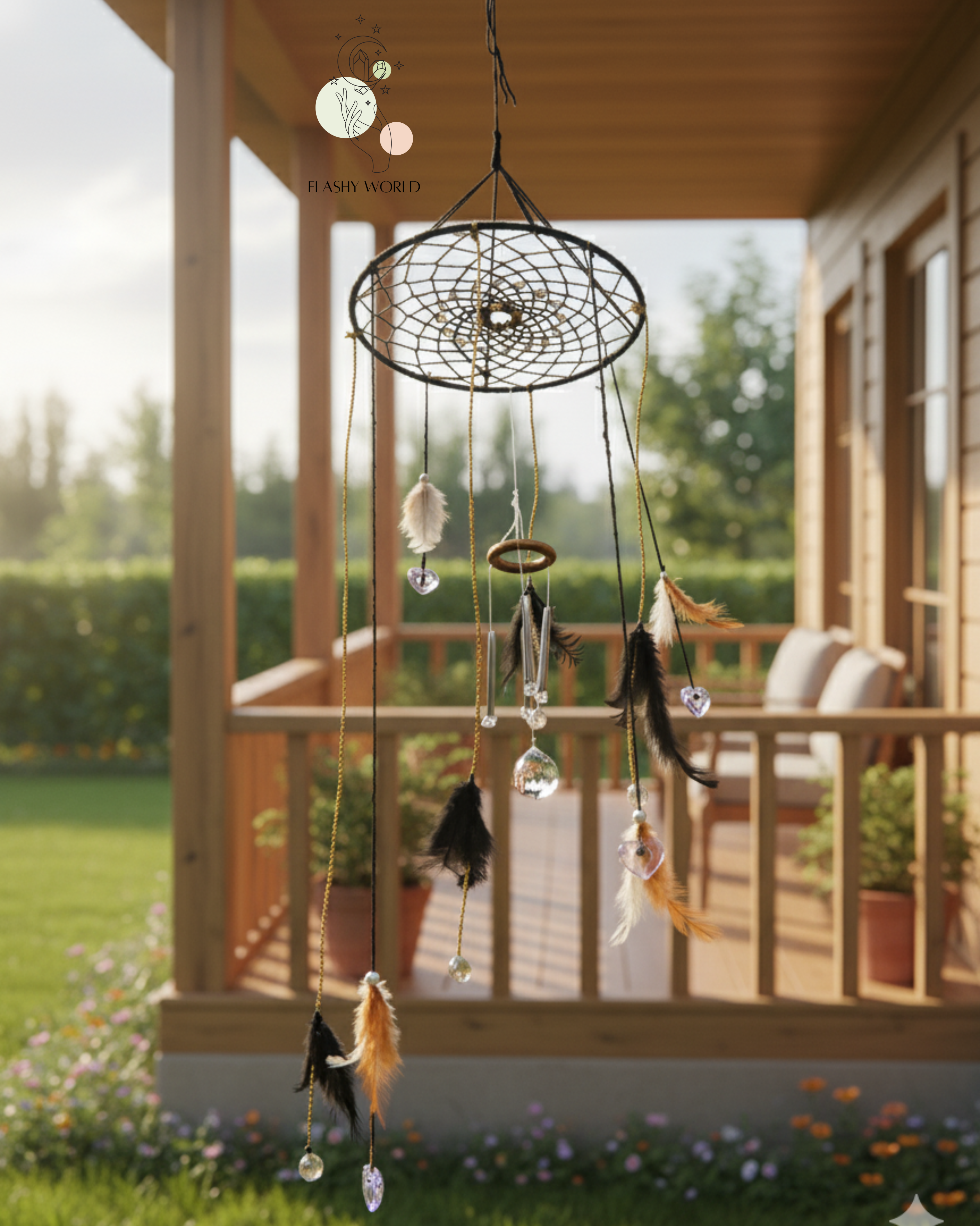 Handmade Dreamcatcher Wind Chime with Natural Feathers & Healing White Stones – Soft Sound for Peaceful Sleep & Positive Energy