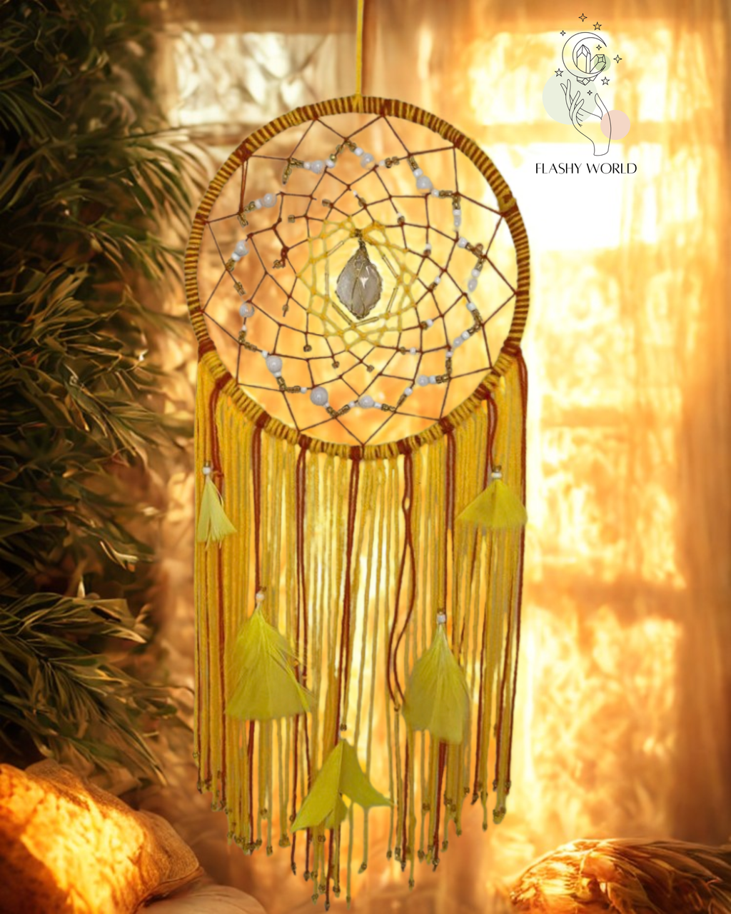 Sunset-Inspired Agate Dream Catcher with White Quartz Beads | Boho Wall Hanging for Positivity, Peace & Good Dreams