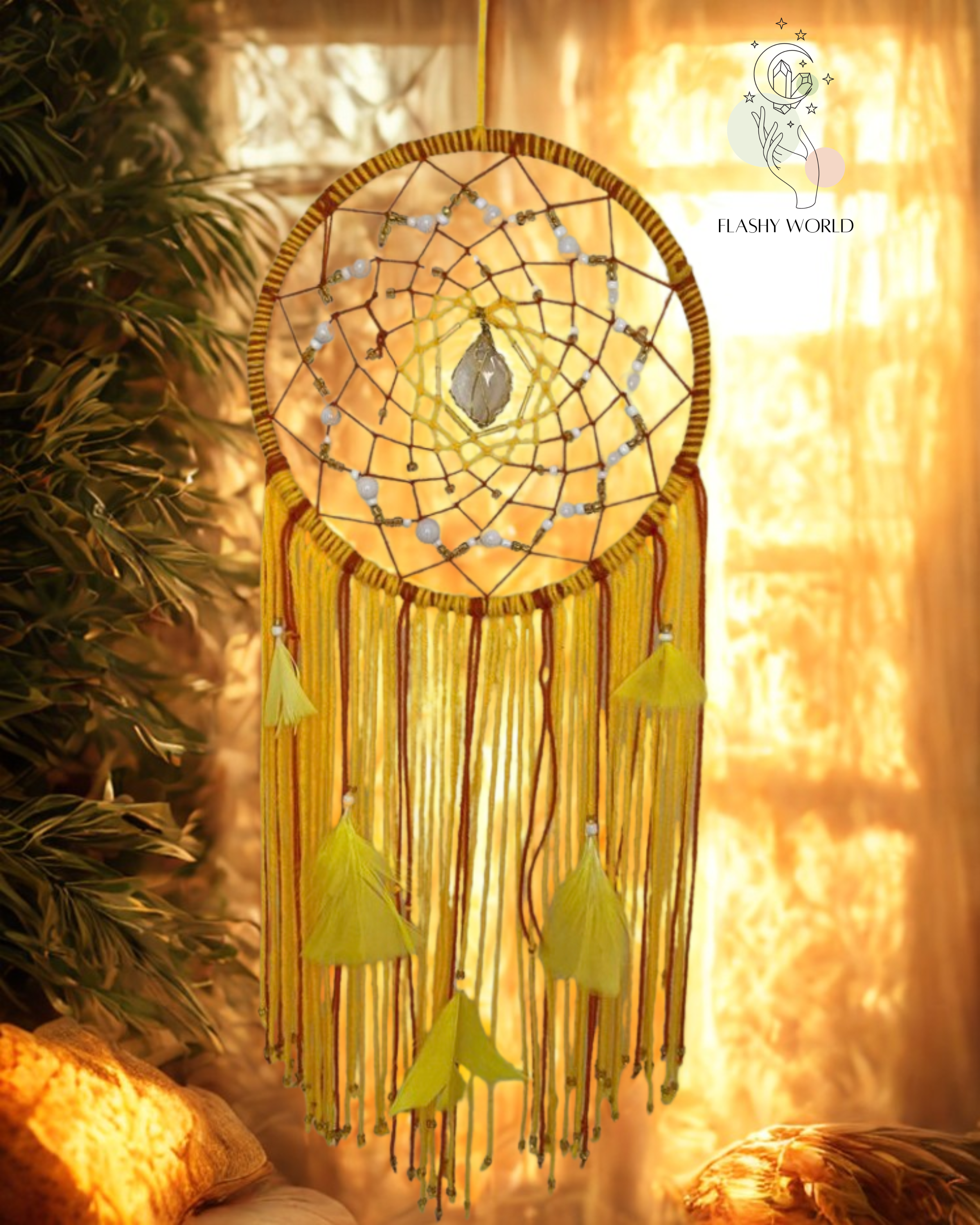 Sunset-Inspired Agate Dream Catcher with White Quartz Beads | Boho Wall Hanging for Positivity, Peace & Good Dreams